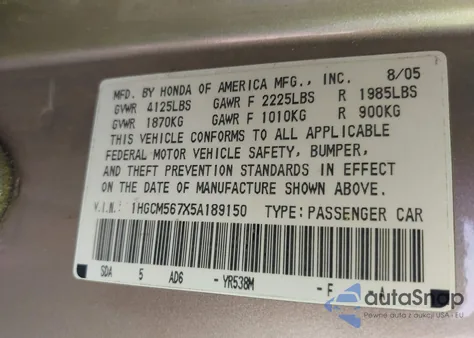 2005 Honda Accord 2.4 Ex из США, поврежденный, VIN 1HGCM567X5A189150